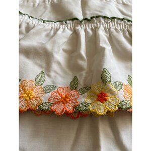 White country cottage core kitchen curtains with forest green piping and orange